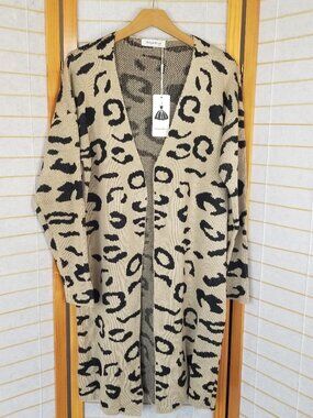 Angashion Long Sleeve Leopard Print Cardigan Sweater Coat Black and Tan XL NWT